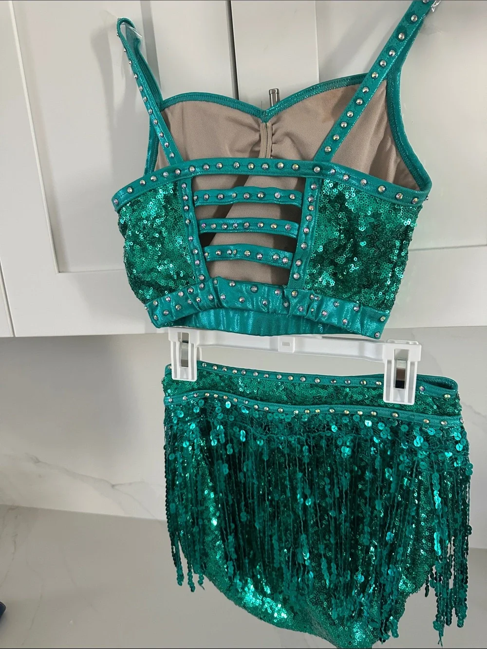 Weissman Emerald Sequin Crop Top & Fringe dance Halloween costume. Sozr youth L